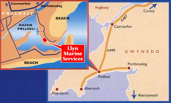 Llyn Marine Location Map - we are at the Pwllheli Marine Centre, Glandon, Pwllheli, Gwynedd LL53 5YQ.